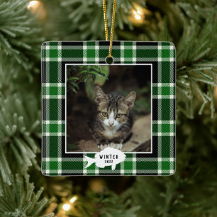 Ornamento De Cerâmica Nome de Gato Xadrez Verde Festivo Natal