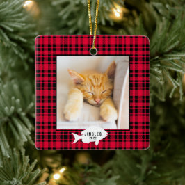 Ornamento De Cerâmica Nome de Gato Xadrez Vermelho Festivo Natal