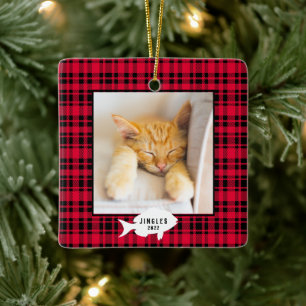 Ornamento De Cerâmica Nome de Gato Xadrez Vermelho Festivo Natal