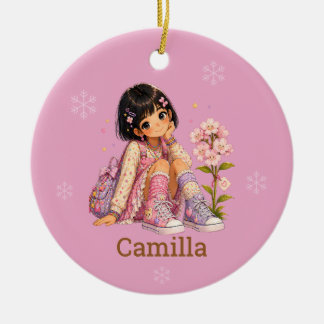 Ornamento De Cerâmica Nome de Menina de Cabelo Preto Curto Personalizado