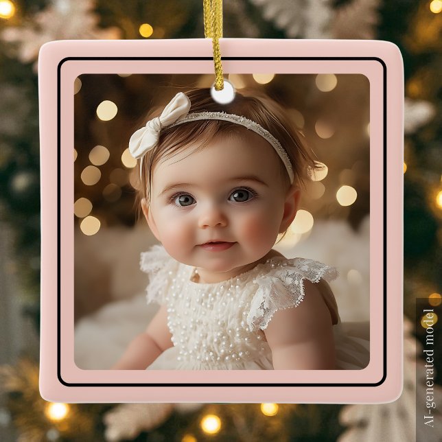Ornamento De Cerâmica Nome de menina moderna em script rosa no Natal Fot (Modern Baby Girl Photo Christmas Pink Script Name Ceramic Ornament)