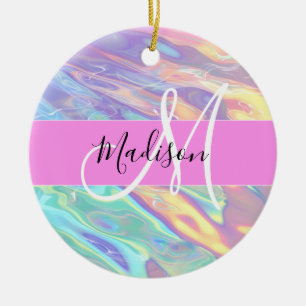 Ornamento De Cerâmica Nome de Monograma Holográfico Iridescente Rosa Fem
