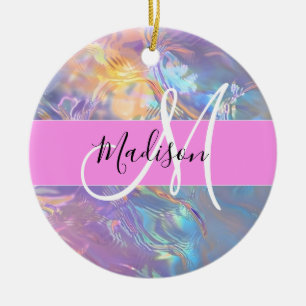 Ornamento De Cerâmica Nome de Monograma Holográfico Iridescente Rosa Fem