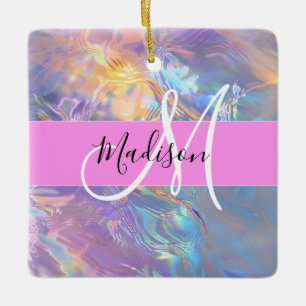 Ornamento De Cerâmica Nome de Monograma Iridescente Holográfico Rosa Fem