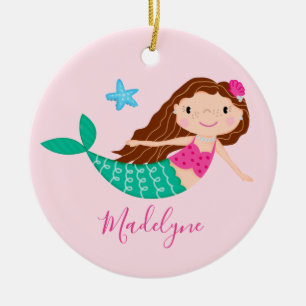 Ornamento De Cerâmica Nome de Natal Pink Mermaid Script
