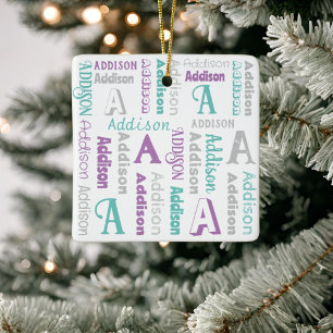 Ornamento De Cerâmica Nome de Repetição - Cinza Personalizada - Teal Rox