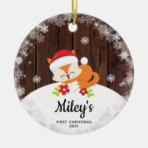 Ornamento De Cerâmica Nome do Bebê Primeiro Natal Raposa Floco de Neve M