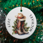 Ornamento De Cerâmica Nome do chapéu do cowboy do Natal Ocidental<br><div class="desc">Este design pode ser personalizado escolhendo a opção Editar Design. Você também pode transferir para outros itens. Entre em contato comigo em colorflowcreations@gmail.com ou use a opção de bate-papo no topo da página se você quiser ter este design em outro produto ou precisar de assistência com este design. Veja mais...</div>