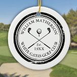 Ornamento De Cerâmica Nome do Clube de Golfe Clássico Personalizado<br><div class="desc">Apresentando clássicos clubes de golfe cruzados, design de bola de golfe e borda de efeito de selo envelhecida, estes enfeites de golfe são ideais para todos os clubes de golfe e membros do clube. Personalizar com o nome do membro do clube, o nome do clube de golfe e o ano...</div>