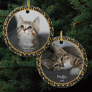 Ornamento De Cerâmica Nome do Gato Personalizado 2 Foto Preto Dourado Na