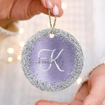 Ornamento De Cerâmica Nome do Monograma da Glitter de Prata Metálica Bru<br><div class="desc">Personalize facilmente esse design de ornamento chic moderno com brilho bonito prateado brilhante em um fundo metálico roxo escovado.</div>