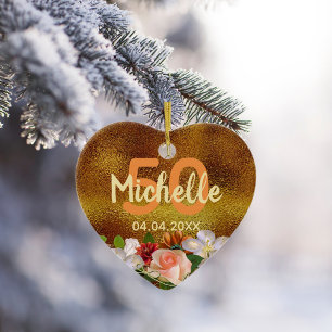 Ornamento De Cerâmica Nome do monograma de florais de ouro de aniversári