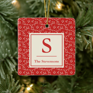 Ornamento De Cerâmica Nome do Monograma do Padrão Botânico Vermelho Simp