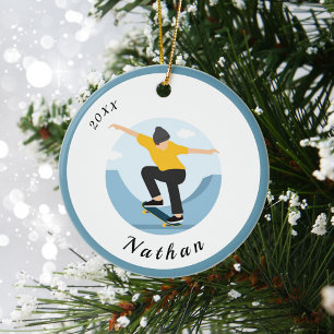 Ornamento De Cerâmica Nome e Ano Personalizado do Skateboard Boy