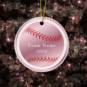 Ornamento De Cerâmica Nome e Ano Rosa da Equipe Softball de Baseball Dou