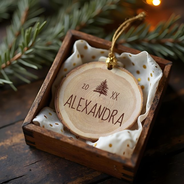 Ornamento De Cerâmica Nome e Foto Personalizados da Fatia Rustic Woodgra (Rustic Woodgrain Slice Personalized Name & Photo Ceramic Ornament)