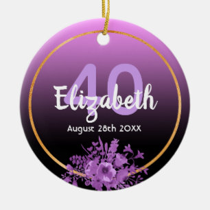 Ornamento De Cerâmica nome floral aniversário de 40 anos púrpura