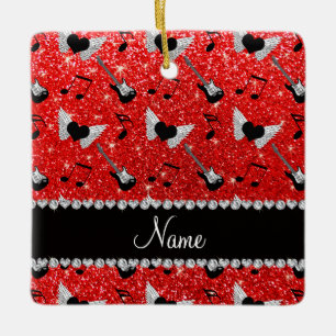 Ornamento De Cerâmica Nome neon red glitars guitarras coração asas músic