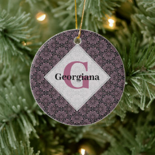 Ornamento De Cerâmica Nome Personalizado 1920 Dusky Rosa Floral Fronds M