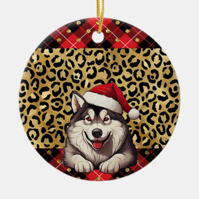 Ornamento De Cerâmica Nome personalizado Alaskan Malamute dog Santa hat  (Frente)