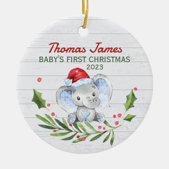 Ornamento De Cerâmica Nome Personalizado Ano Elefante de Natal do Bebê (Frente)