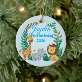Ornamento De Cerâmica Nome personalizado azul menino bebê safari animal 