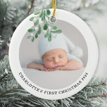 Ornamento De Cerâmica Nome Personalizado Bebês Fotográficos Primeira Aqu<br><div class="desc">O Primeiro Ornamento de Natal deste Bebê é decorado com água doce. Facilmente personalizável com a foto, o nome e o ano do seu bebê. Use a Ferramenta Design para alterar o tamanho, o estilo ou a cor do texto. Porque nós criamos a nossa trabalho de arte, você não encontrará...</div>