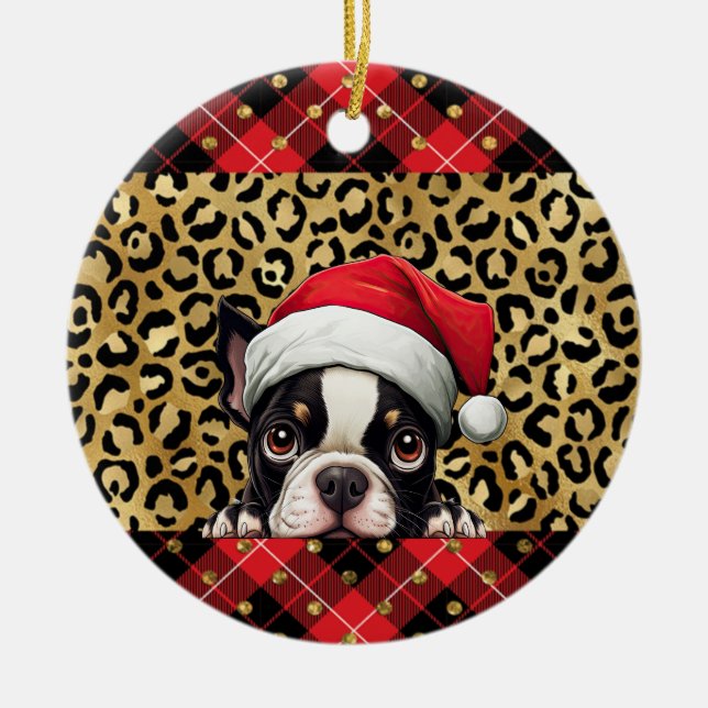 Ornamento De Cerâmica Nome Personalizado Boston Terrier dog Santa hat Bu (Frente)