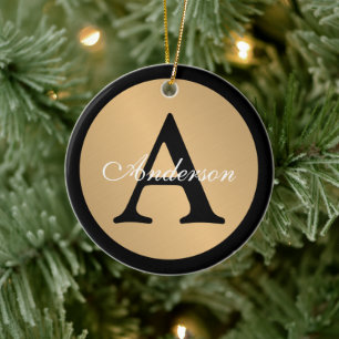 Ornamento De Cerâmica Nome Personalizado Botão Metálico Dourado Monogram