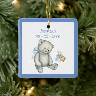 Ornamento De Cerâmica Nome Personalizado Boy Blue Bear Vintage Keepsasak