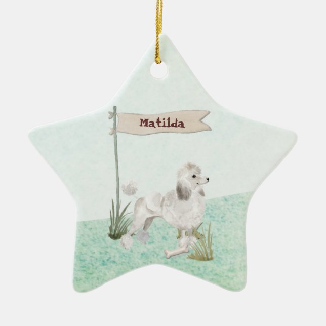 Ornamento De Cerâmica Nome Personalizado Cão Pet Pet White Poodle (Frente)