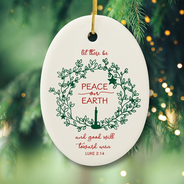 Ornamento De Cerâmica Nome Personalizado da Família Paz na Terra (Front: Red hand-drawn wreath with “Peace on Earth” scripture design, inspired by Luke 2:14.)