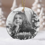 Ornamento De Cerâmica Nome Personalizado da Foto Mínima Preta e Branca d<br><div class="desc">Simples,  elegante e personalizado mínimo duas fotos e ornamento de nome preto e branco. Personalize com uma foto na frente e outra no verso em preto em branco. Elegante quadro mágico de neve com um nome personalizado em script elegante.</div>
