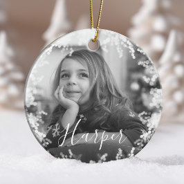 Ornamento De Cerâmica Nome Personalizado da Foto Mínima Preta e Branca d