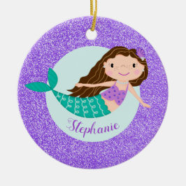 Ornamento De Cerâmica Nome Personalizado da Glitter Roxo da Sereia