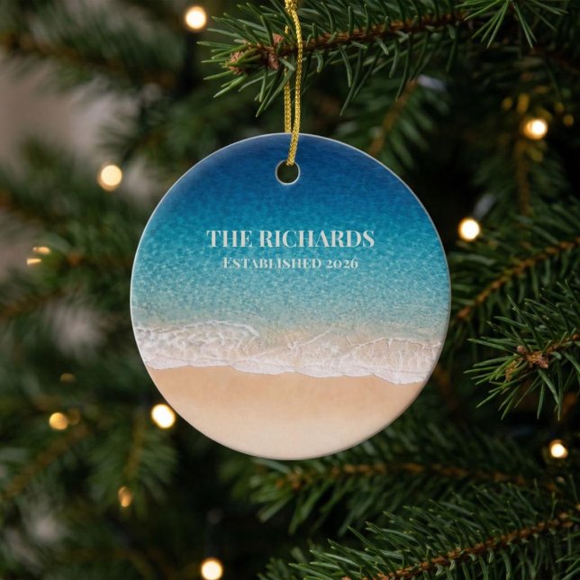 Ornamento De Cerâmica Nome Personalizado da Linha de Costa da Praia (Criador carregado)