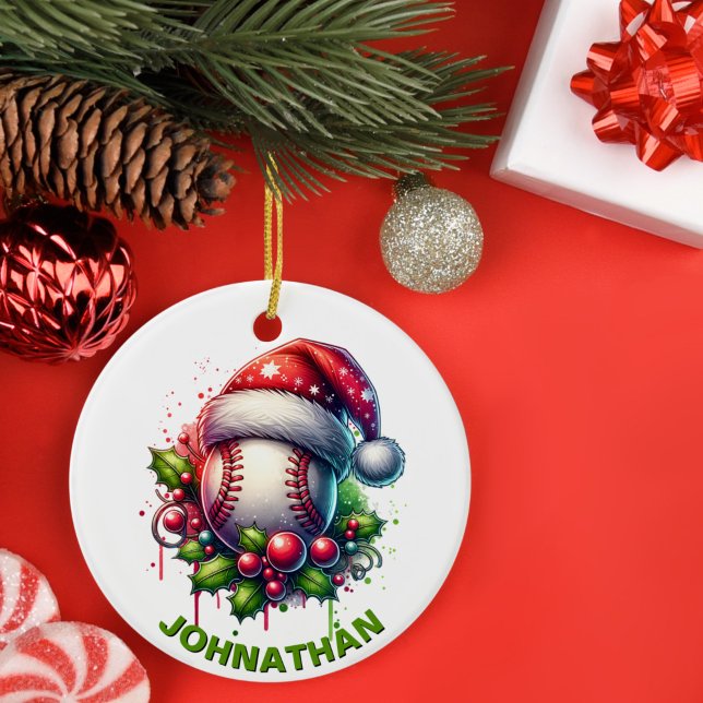 Ornamento De Cerâmica Nome Personalizado de Baseball de Natal com Santa  (Criador carregado)