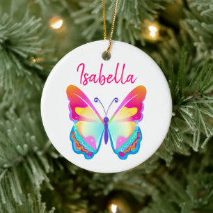Ornamento De Cerâmica Nome Personalizado de Borboleta Colorida Personali