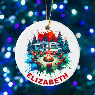 Ornamento De Cerâmica Nome Personalizado de Camping RV e Campfire