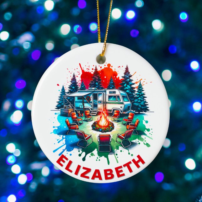 Ornamento De Cerâmica Nome Personalizado de Camping RV e Campfire (Criador carregado)