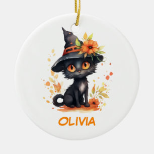 Ornamento De Cerâmica Nome Personalizado de Gato do Doce Halloween