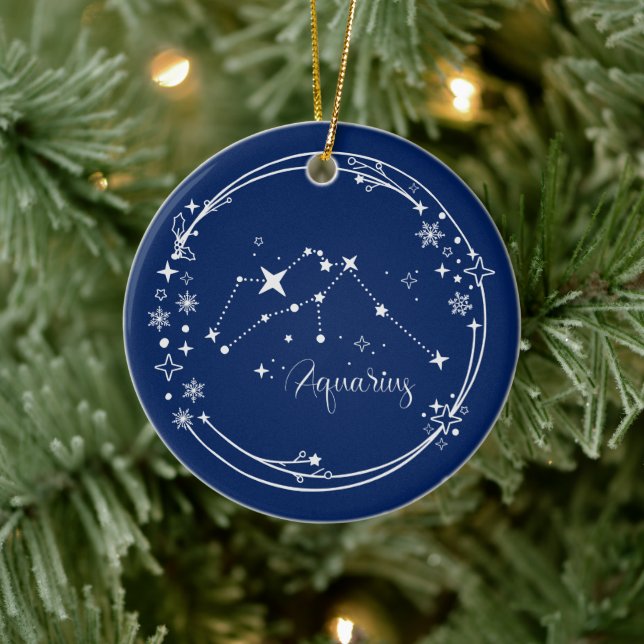 Ornamento De Cerâmica Nome personalizado de Natal Aquarius Zodiac Blue S (Árvore)