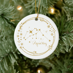 Ornamento De Cerâmica Nome Personalizado de Natal Aquarius Zodiac Stars 