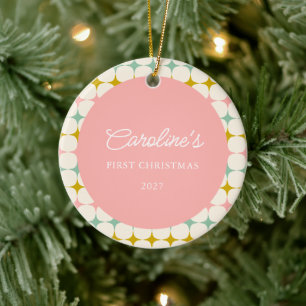 Ornamento De Cerâmica Nome Personalizado de Natal Geométrico Rosa Vintag