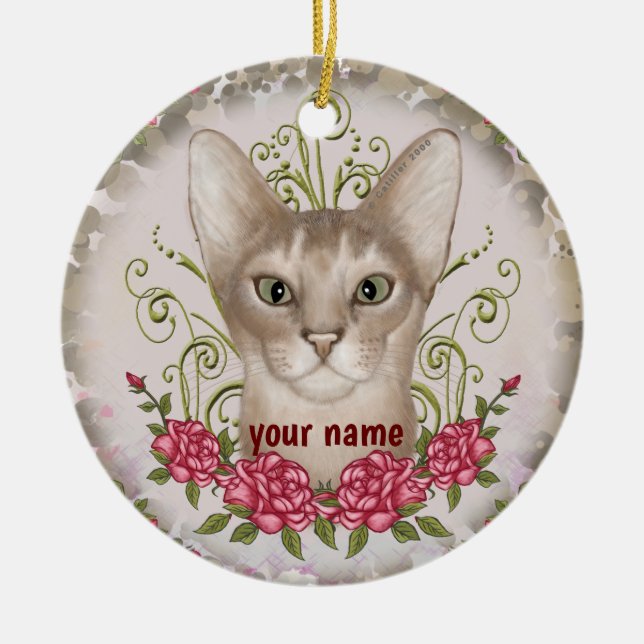 Ornamento De Cerâmica Nome personalizado de Rosas de Cat Abyssinian Orna (Frente)