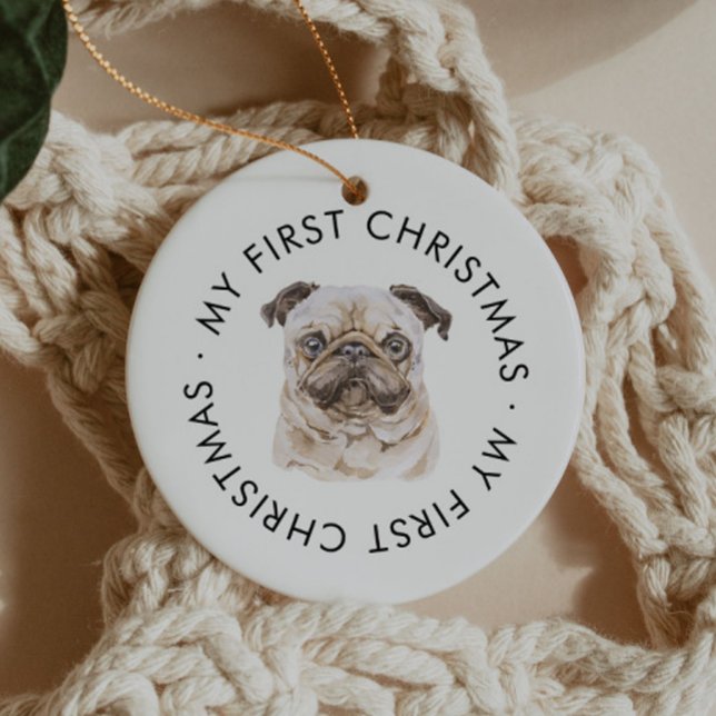 Ornamento De Cerâmica Nome personalizado do cão Pug Lover Meu Primeiro N (Criador carregado)