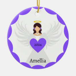 Ornamento De Cerâmica Nome Personalizado do Coração do Anjo Roxo do Nata
