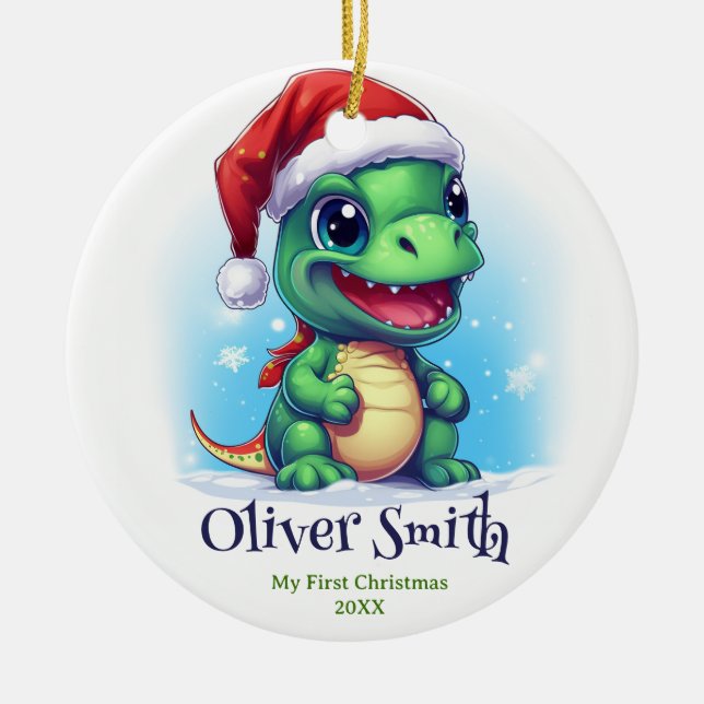 Ornamento De Cerâmica Nome Personalizado do Dinossauro Primeiro Natal (Frente)