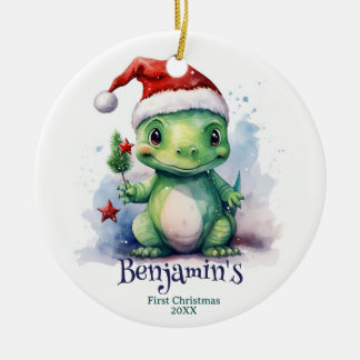 Ornamento De Cerâmica Nome Personalizado do Dinossauro Primeiro Natal