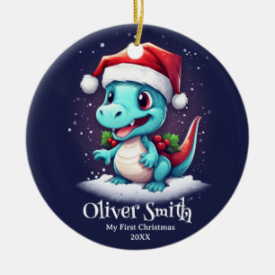 Ornamento De Cerâmica Nome Personalizado do Dinossauro Primeiro Natal